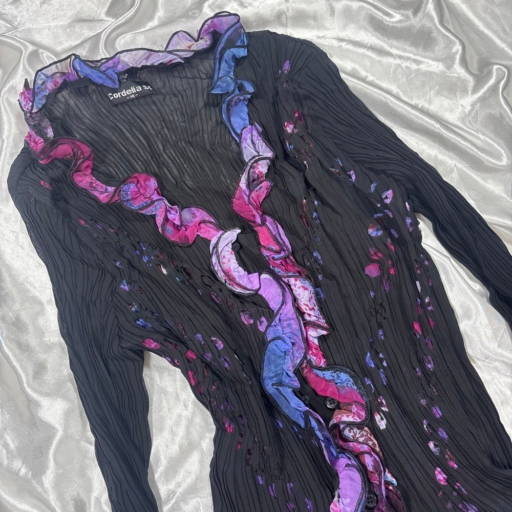 y2k Cordelia St Ruffle Button Up Top Black Purple Pleated Burnout 16 - Picture 6 of 6